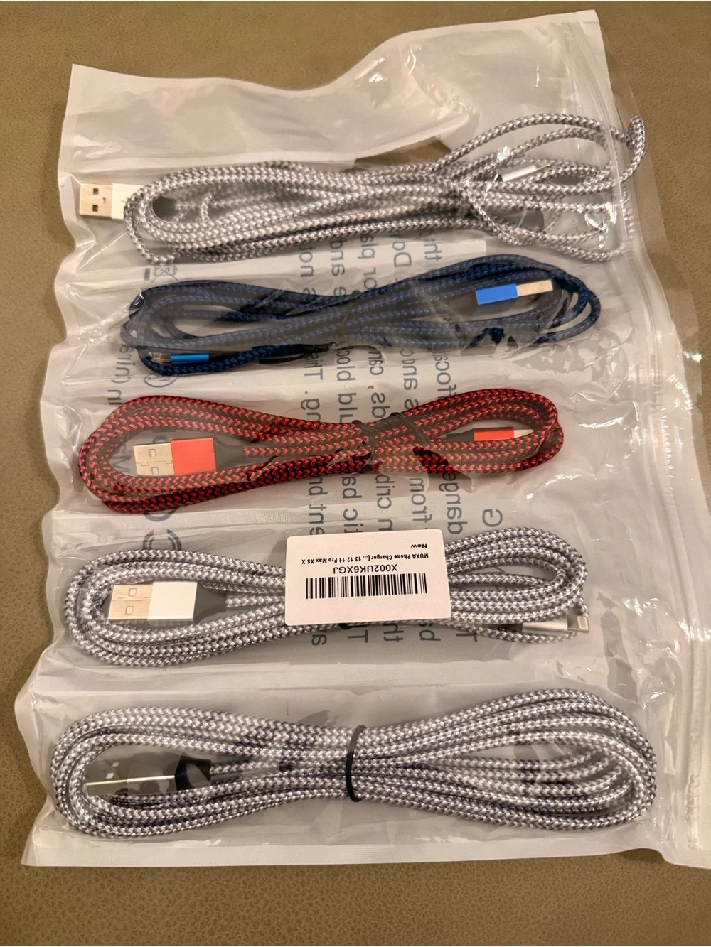5 Braided USB iPhone Charging Cable - Red, Blue, Silver